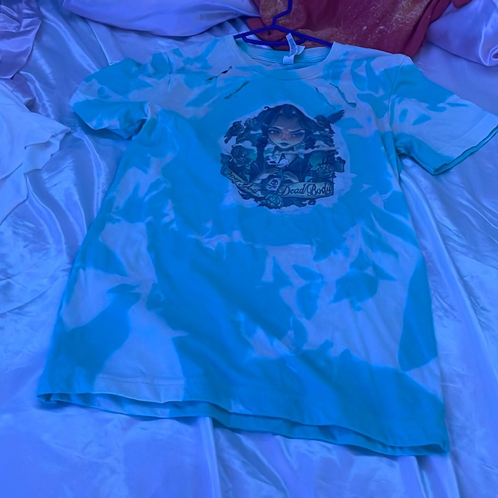 Blue and white bleached Halloween over my dead body Wednesday shirt size small